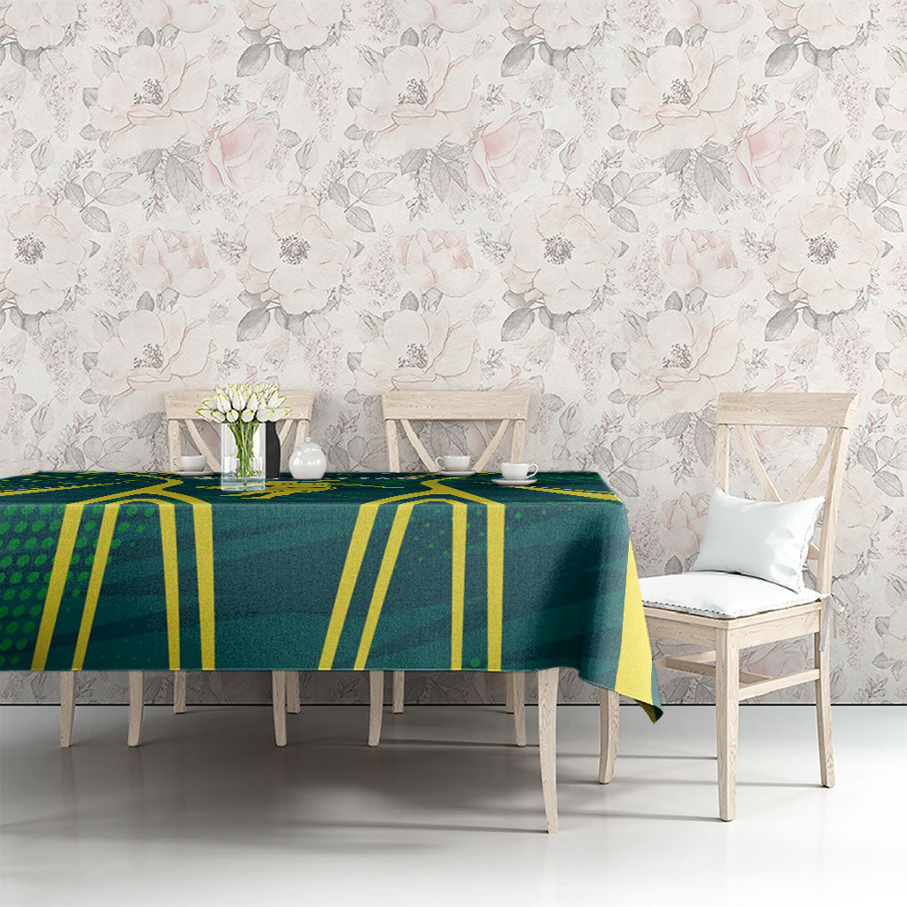 Australian Opals Basketball Tablecloth Iconic Green And Gold Silhouette With Sharp Abstract Graphics