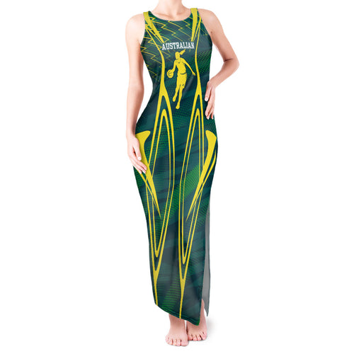 Australian Opals Basketball Tank Maxi Dress Iconic Green And Gold Silhouette With Sharp Abstract Graphics