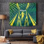 Australian Opals Basketball Tapestry Iconic Green And Gold Silhouette With Sharp Abstract Graphics