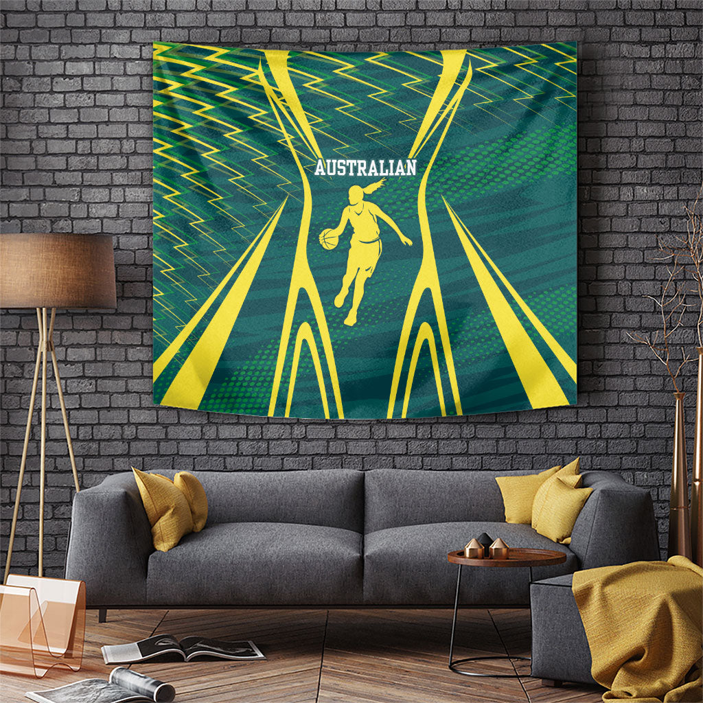 Australian Opals Basketball Tapestry Iconic Green And Gold Silhouette With Sharp Abstract Graphics