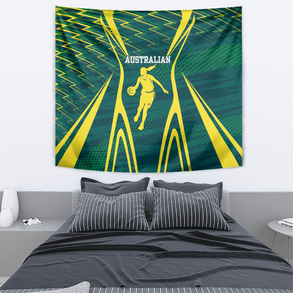 Australian Opals Basketball Tapestry Iconic Green And Gold Silhouette With Sharp Abstract Graphics