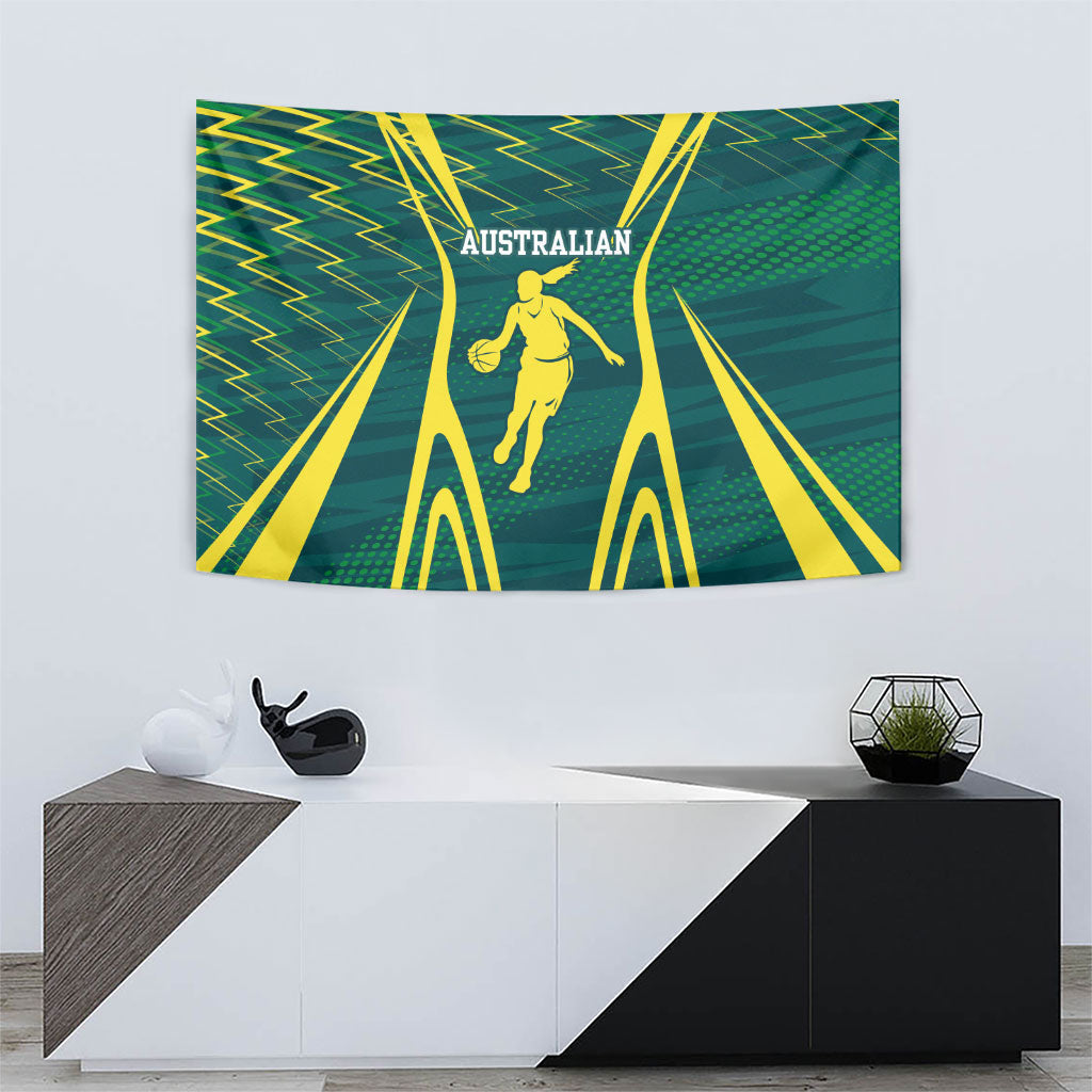 Australian Opals Basketball Tapestry Iconic Green And Gold Silhouette With Sharp Abstract Graphics
