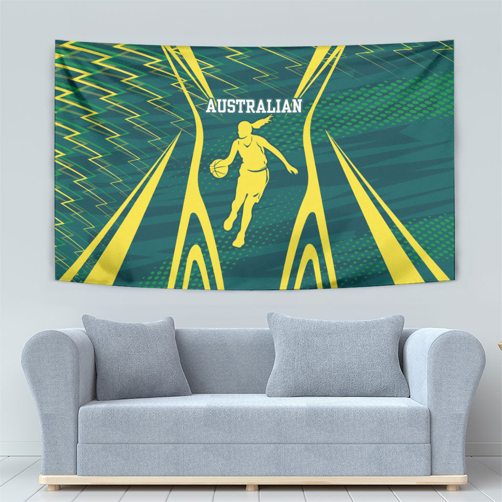 Australian Opals Basketball Tapestry Iconic Green And Gold Silhouette With Sharp Abstract Graphics