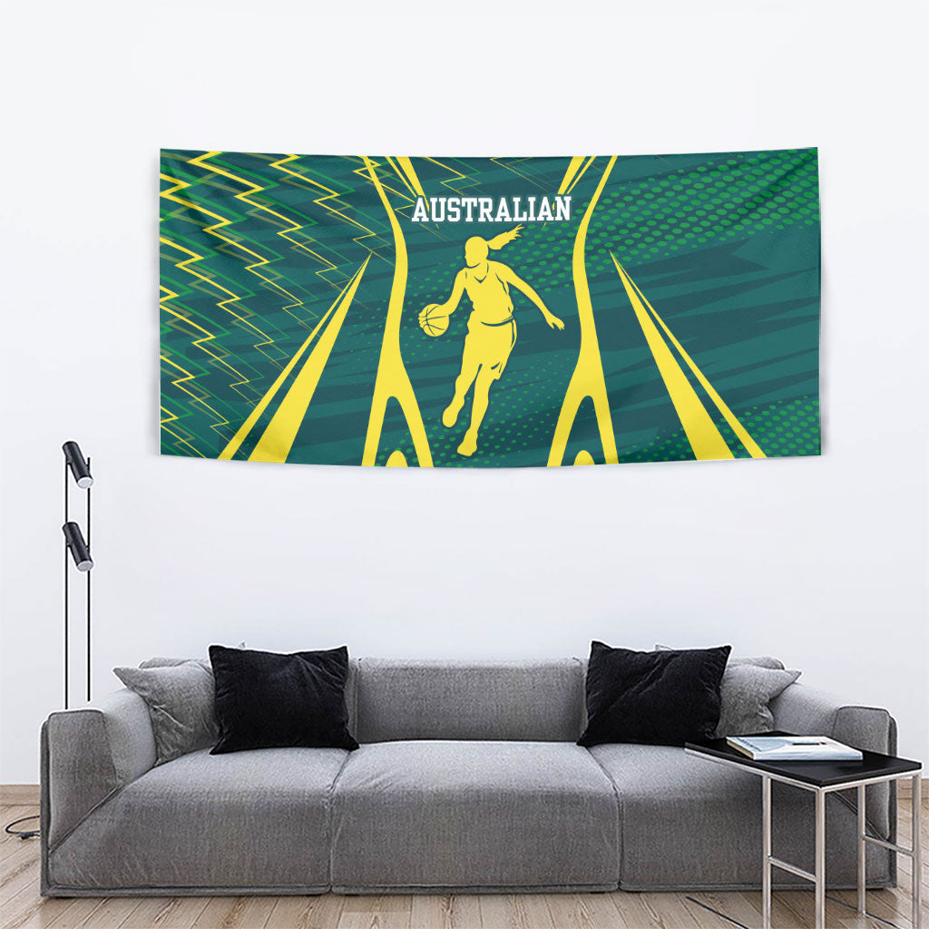 Australian Opals Basketball Tapestry Iconic Green And Gold Silhouette With Sharp Abstract Graphics