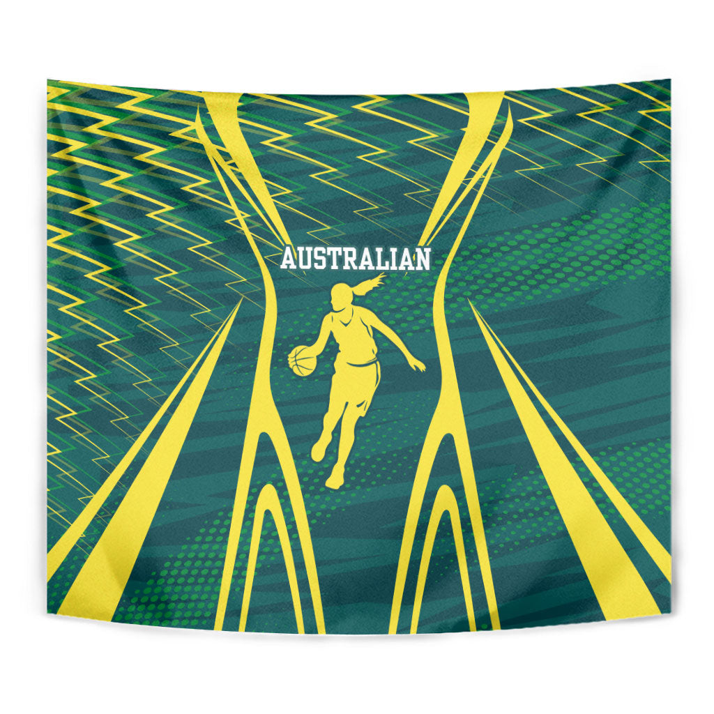 Australian Opals Basketball Tapestry Iconic Green And Gold Silhouette With Sharp Abstract Graphics
