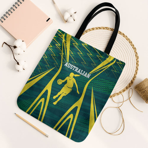 Australian Opals Basketball Tote Bag Iconic Green And Gold Silhouette With Sharp Abstract Graphics