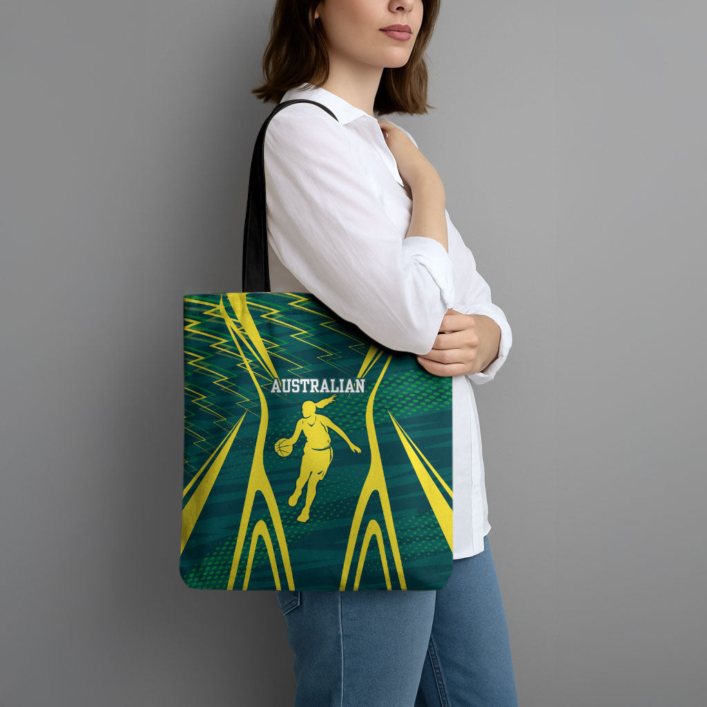 Australian Opals Basketball Tote Bag Iconic Green And Gold Silhouette With Sharp Abstract Graphics