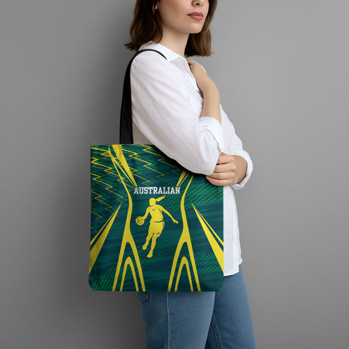 Australian Opals Basketball Tote Bag Iconic Green And Gold Silhouette With Sharp Abstract Graphics