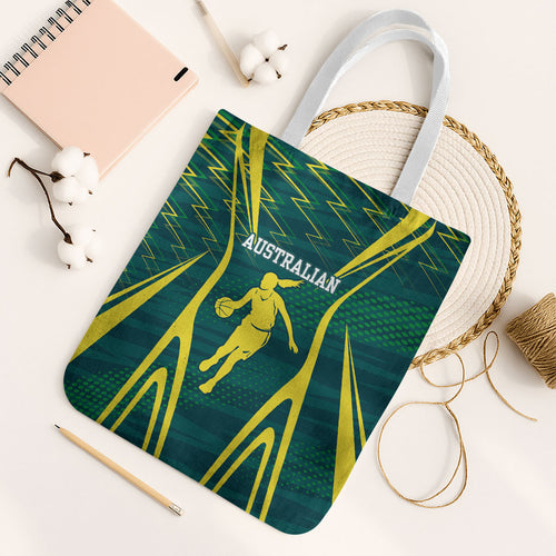 Australian Opals Basketball Tote Bag Iconic Green And Gold Silhouette With Sharp Abstract Graphics