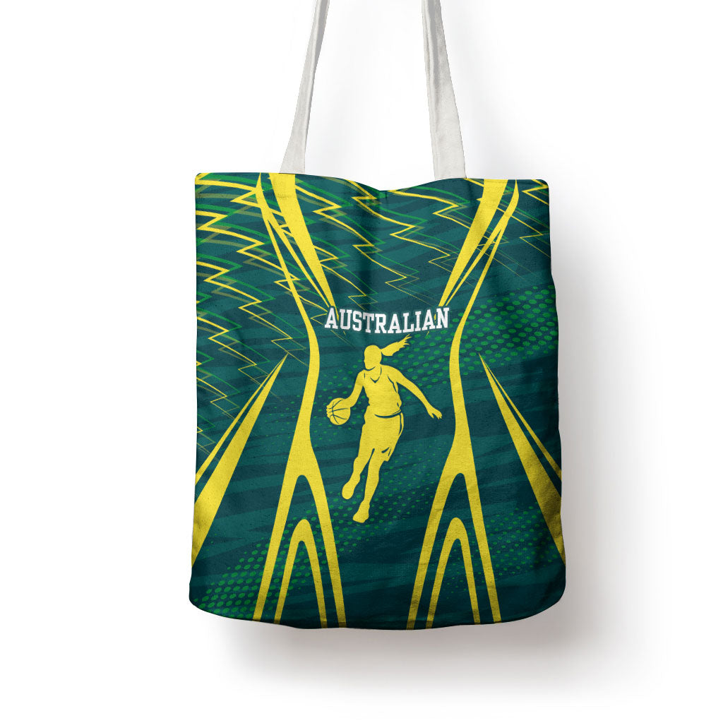 Australian Opals Basketball Tote Bag Iconic Green And Gold Silhouette With Sharp Abstract Graphics