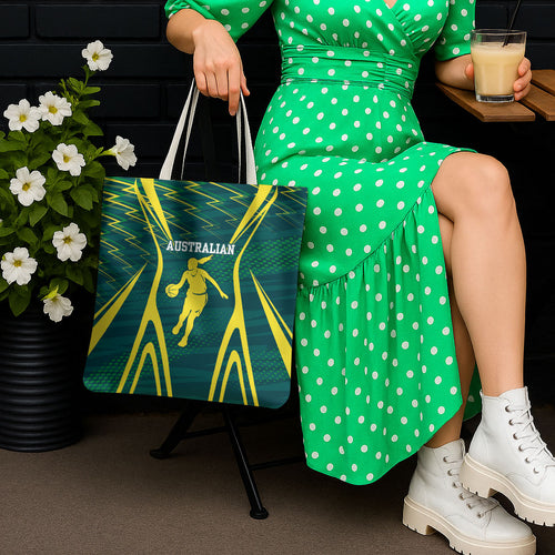 Australian Opals Basketball Tote Bag Iconic Green And Gold Silhouette With Sharp Abstract Graphics