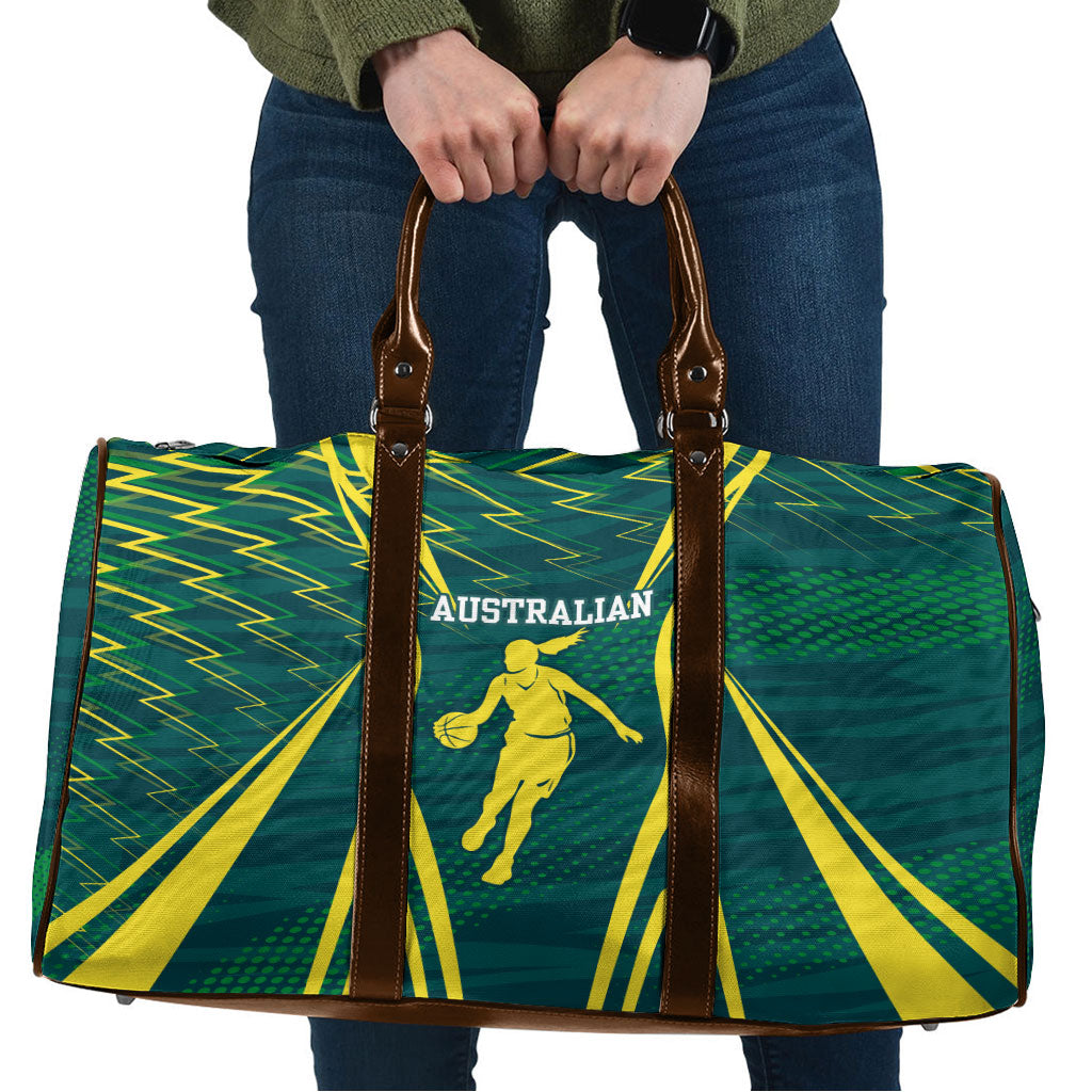 Australian Opals Basketball Travel Bag Iconic Green And Gold Silhouette With Sharp Abstract Graphics