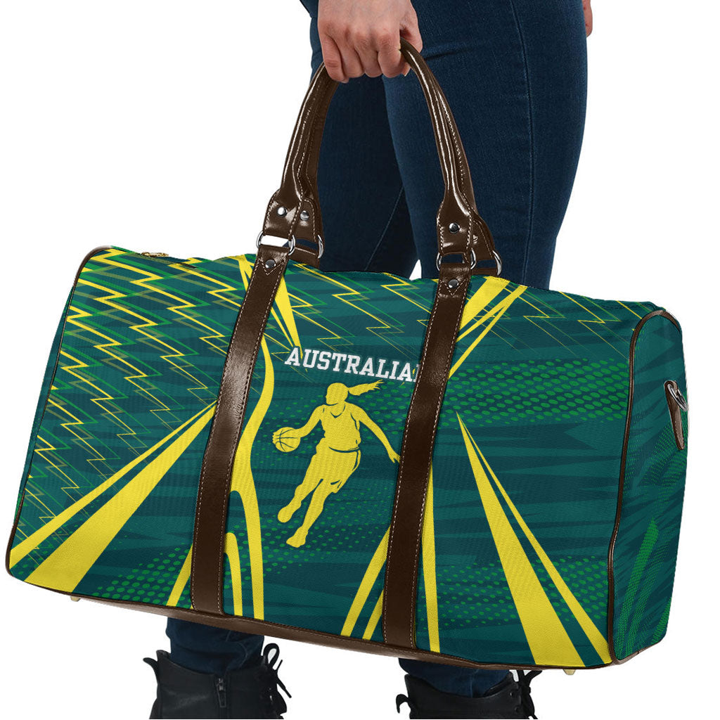 Australian Opals Basketball Travel Bag Iconic Green And Gold Silhouette With Sharp Abstract Graphics