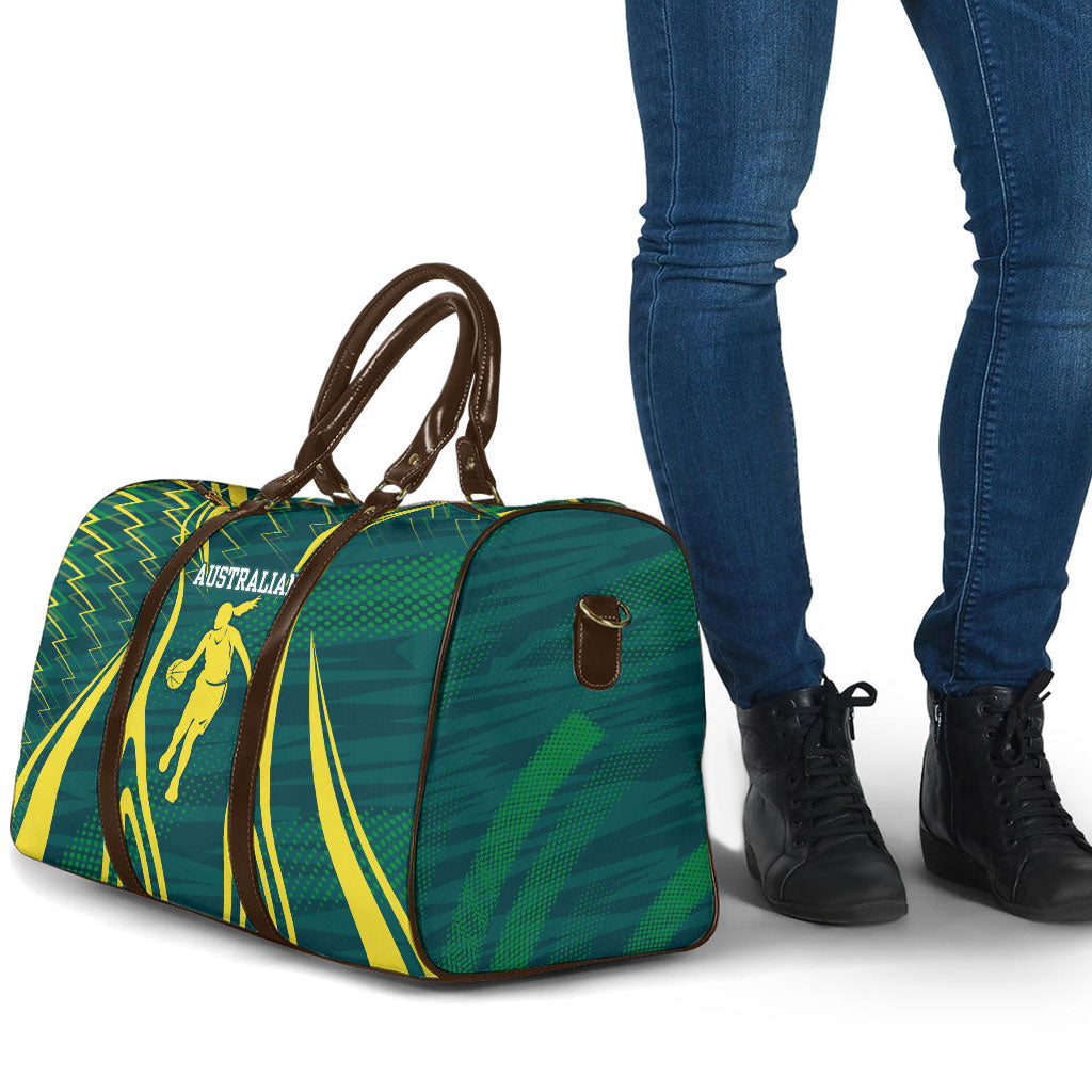 Australian Opals Basketball Travel Bag Iconic Green And Gold Silhouette With Sharp Abstract Graphics