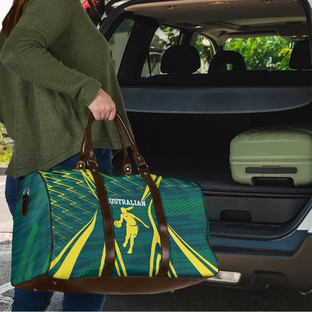 Australian Opals Basketball Travel Bag Iconic Green And Gold Silhouette With Sharp Abstract Graphics