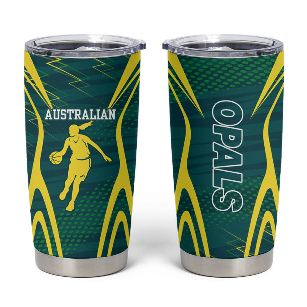 Australian Opals Basketball Tumbler Cup Iconic Green And Gold Silhouette With Sharp Abstract Graphics