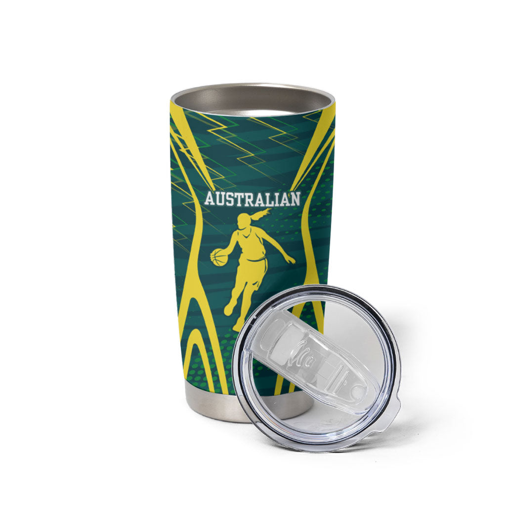 Australian Opals Basketball Tumbler Cup Iconic Green And Gold Silhouette With Sharp Abstract Graphics