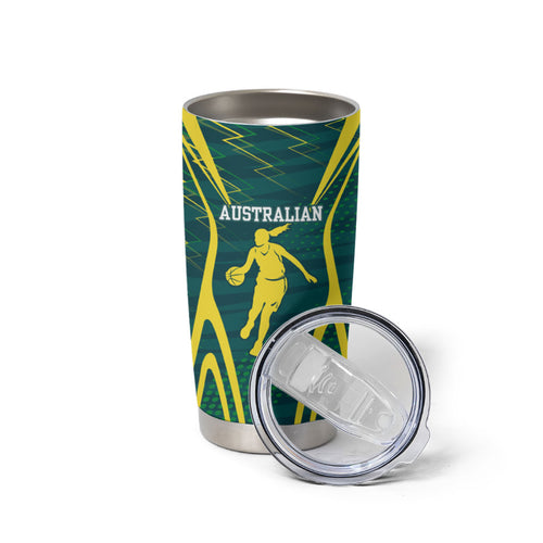 Australian Opals Basketball Tumbler Cup Iconic Green And Gold Silhouette With Sharp Abstract Graphics