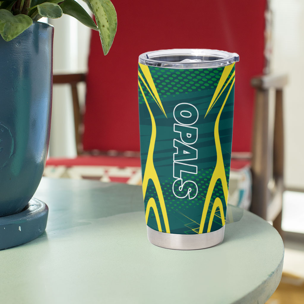 Australian Opals Basketball Tumbler Cup Iconic Green And Gold Silhouette With Sharp Abstract Graphics