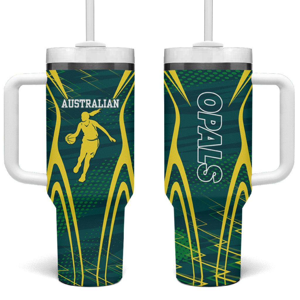 Australian Opals Basketball Tumbler With Handle Iconic Green And Gold Silhouette With Sharp Abstract Graphics