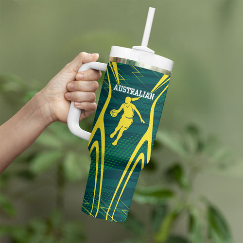 Australian Opals Basketball Tumbler With Handle Iconic Green And Gold Silhouette With Sharp Abstract Graphics