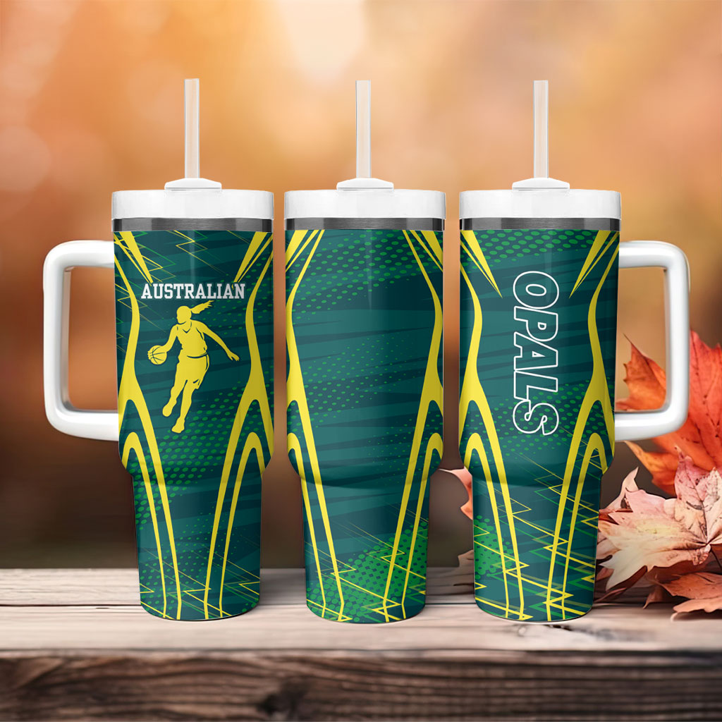 Australian Opals Basketball Tumbler With Handle Iconic Green And Gold Silhouette With Sharp Abstract Graphics