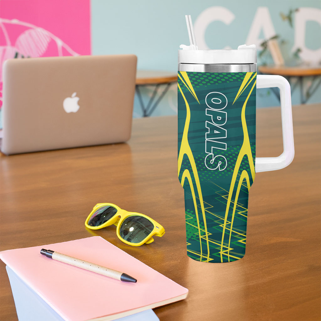 Australian Opals Basketball Tumbler With Handle Iconic Green And Gold Silhouette With Sharp Abstract Graphics