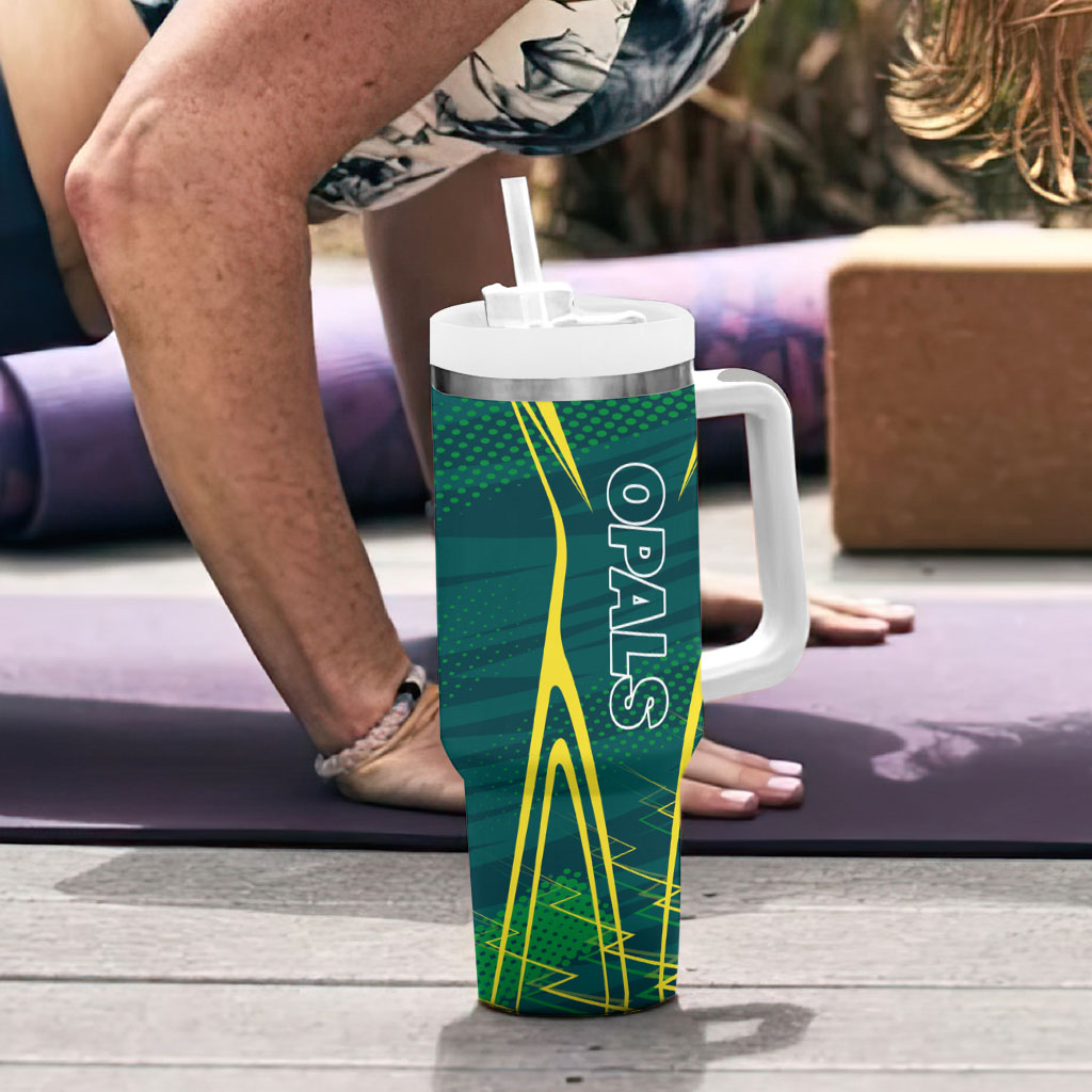 Australian Opals Basketball Tumbler With Handle Iconic Green And Gold Silhouette With Sharp Abstract Graphics