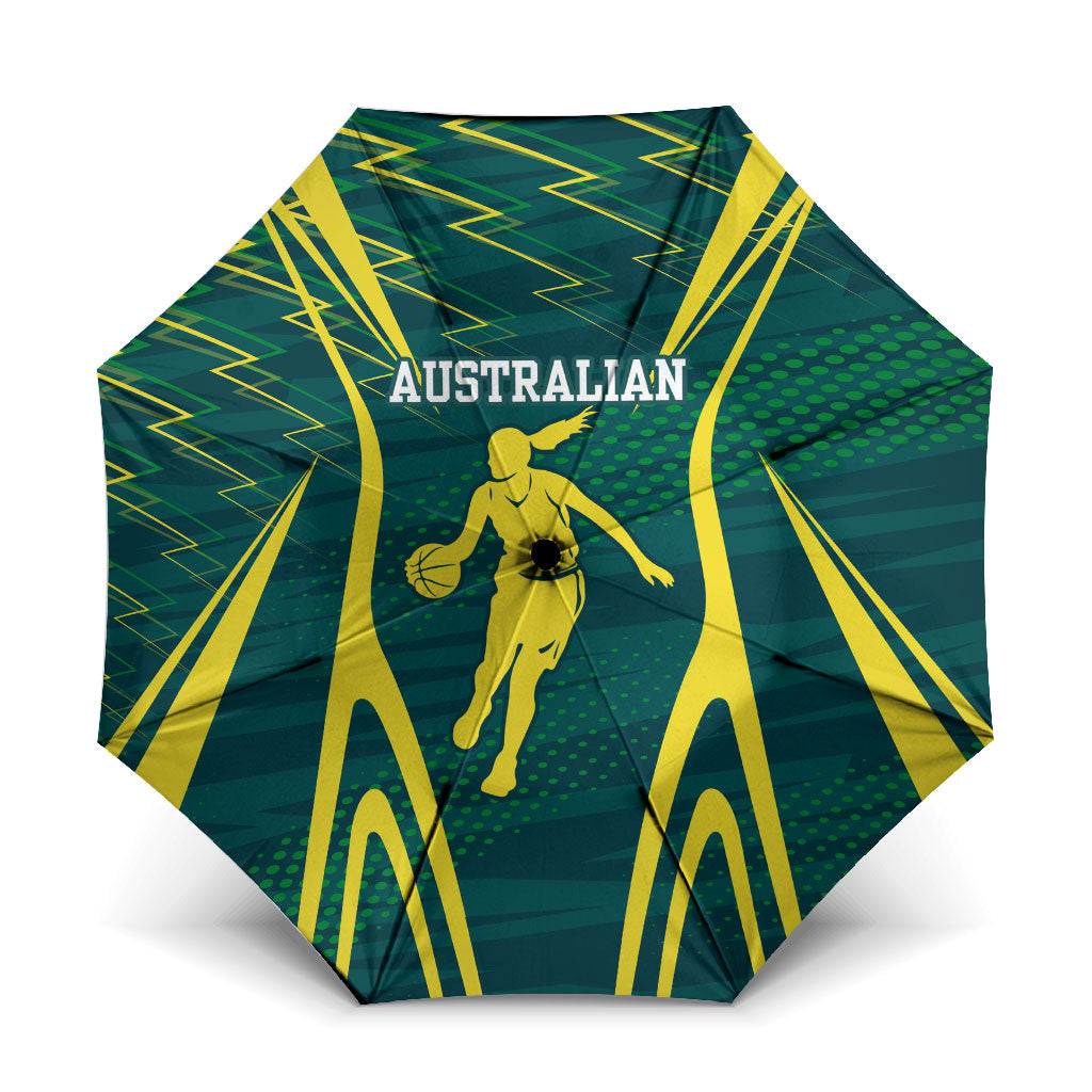 Australian Opals Basketball Umbrella Iconic Green And Gold Silhouette With Sharp Abstract Graphics
