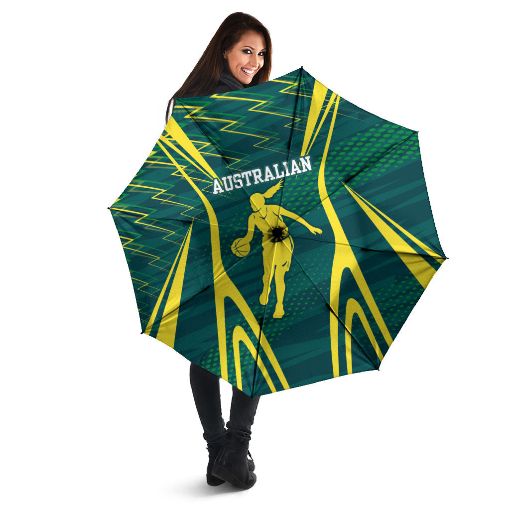 Australian Opals Basketball Umbrella Iconic Green And Gold Silhouette With Sharp Abstract Graphics