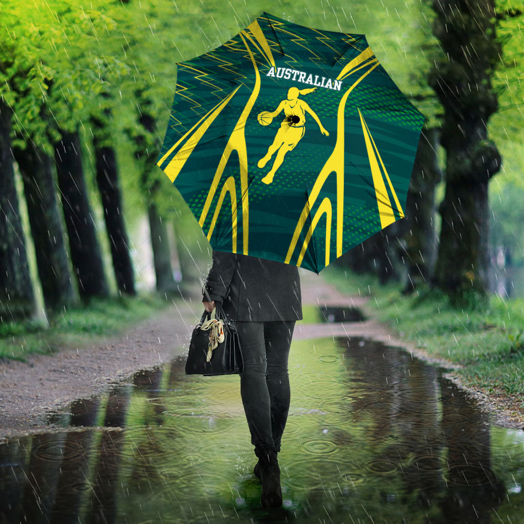Australian Opals Basketball Umbrella Iconic Green And Gold Silhouette With Sharp Abstract Graphics