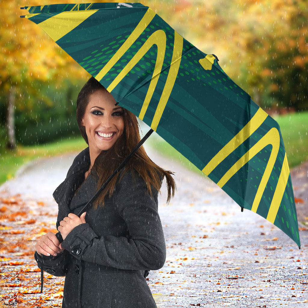 Australian Opals Basketball Umbrella Iconic Green And Gold Silhouette With Sharp Abstract Graphics