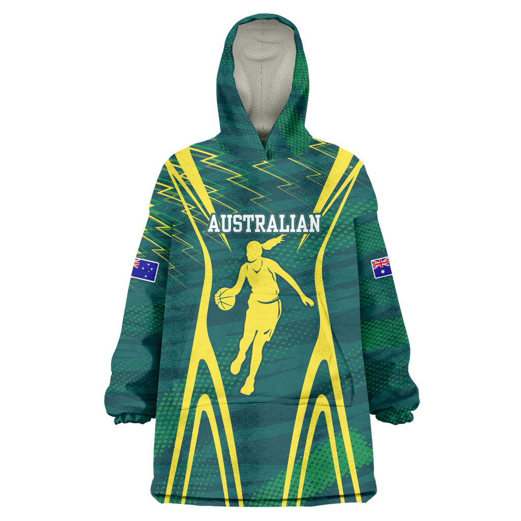 Australian Opals Basketball Wearable Blanket Hoodie Iconic Green And Gold Silhouette With Sharp Abstract Graphics