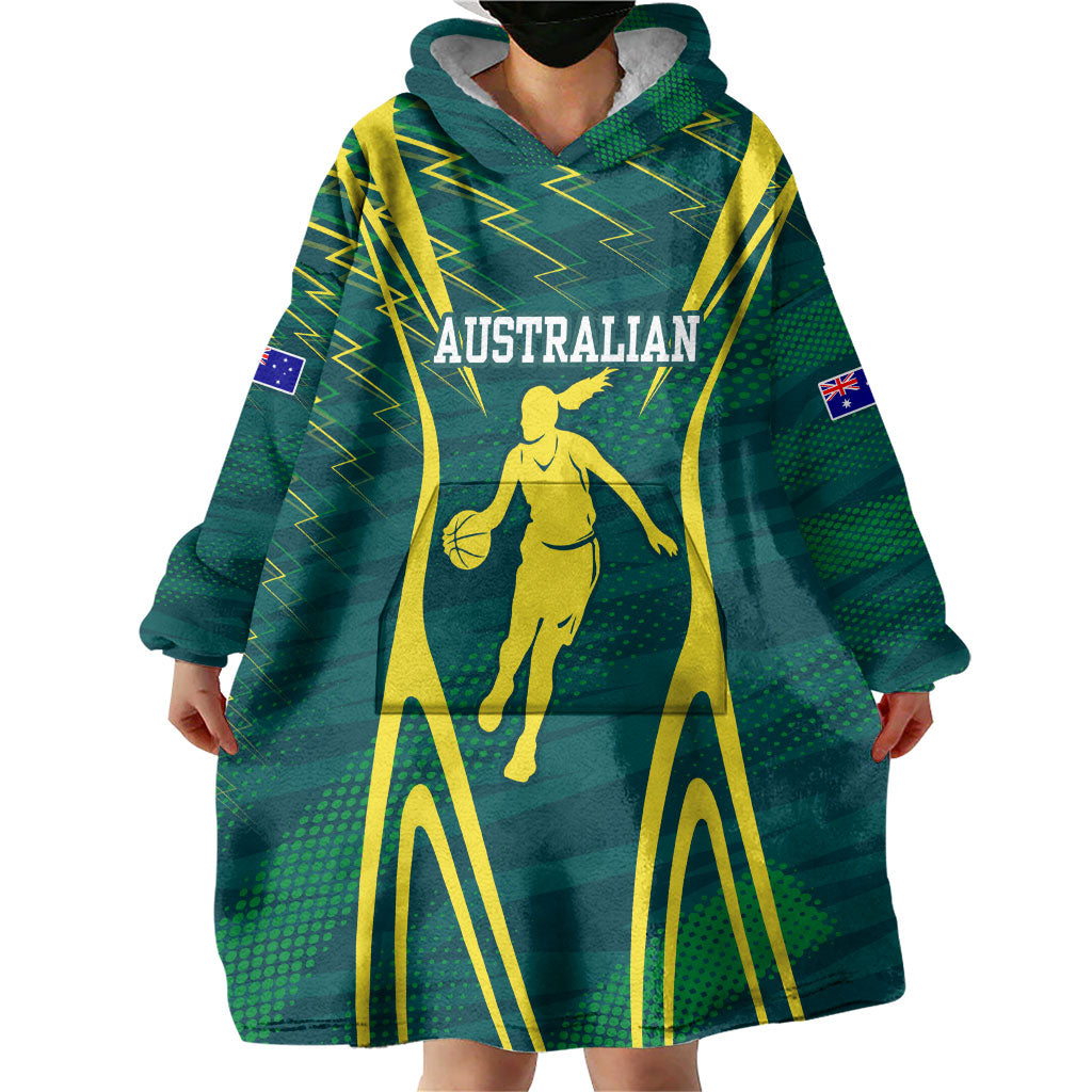 Australian Opals Basketball Wearable Blanket Hoodie Iconic Green And Gold Silhouette With Sharp Abstract Graphics