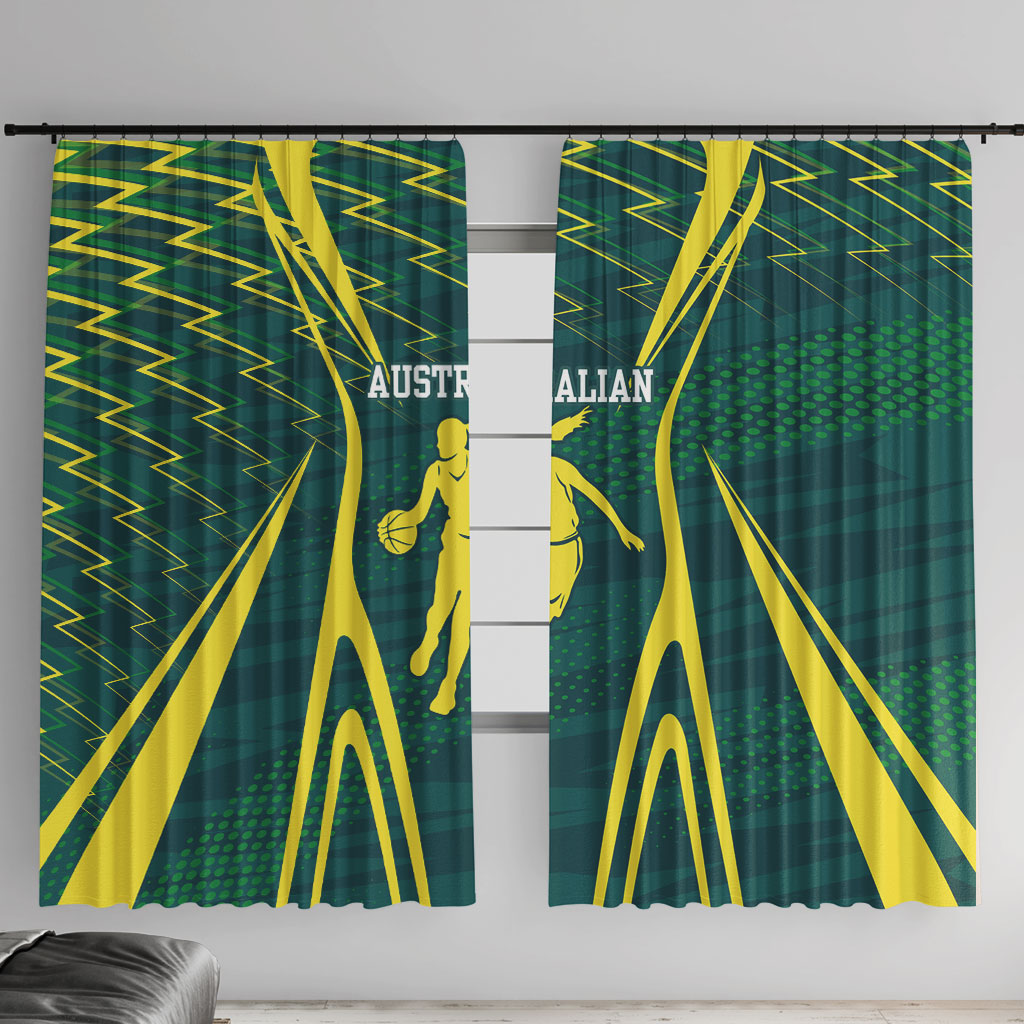 Australian Opals Basketball Window Curtain Iconic Green And Gold Silhouette With Sharp Abstract Graphics