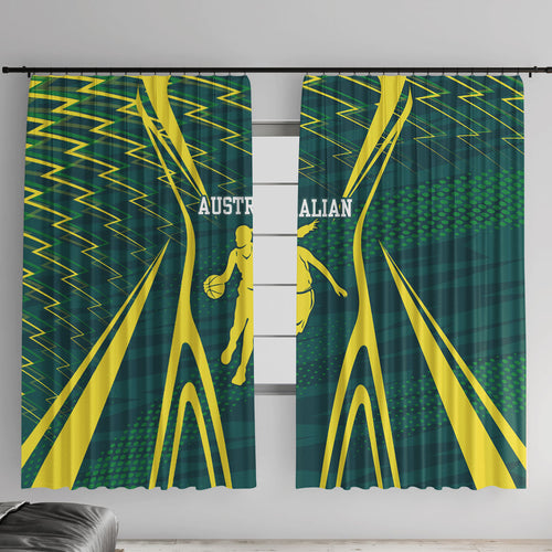 Australian Opals Basketball Window Curtain Iconic Green And Gold Silhouette With Sharp Abstract Graphics