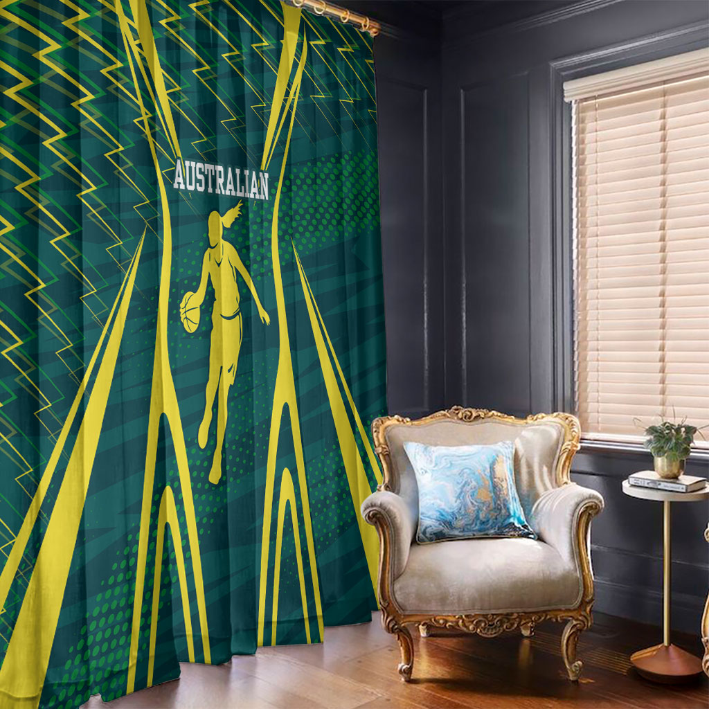 Australian Opals Basketball Window Curtain Iconic Green And Gold Silhouette With Sharp Abstract Graphics