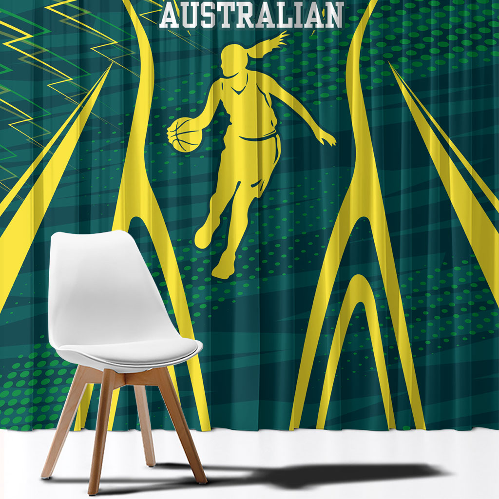 Australian Opals Basketball Window Curtain Iconic Green And Gold Silhouette With Sharp Abstract Graphics