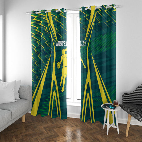 Australian Opals Basketball Window Curtain Iconic Green And Gold Silhouette With Sharp Abstract Graphics