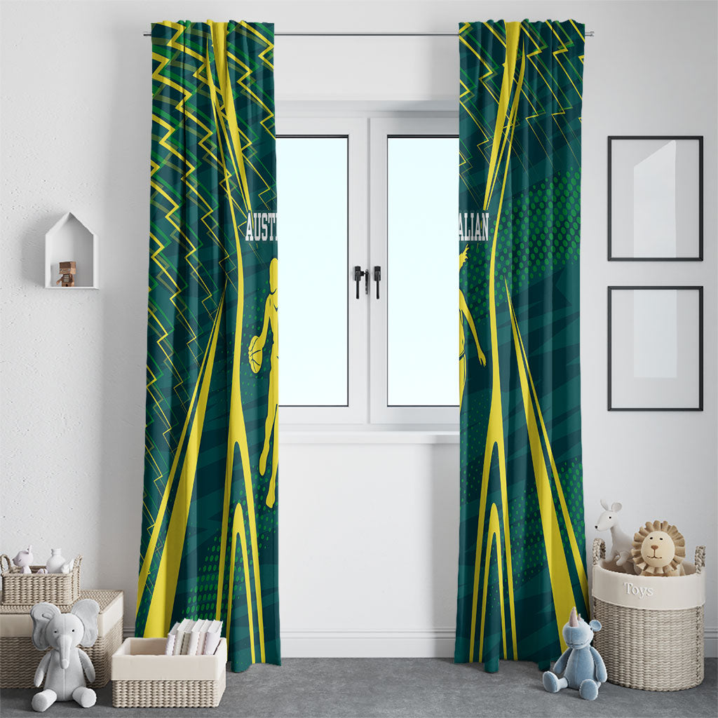 Australian Opals Basketball Window Curtain Iconic Green And Gold Silhouette With Sharp Abstract Graphics