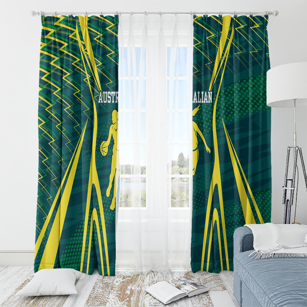 Australian Opals Basketball Window Curtain Iconic Green And Gold Silhouette With Sharp Abstract Graphics