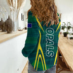 Australian Opals Basketball Women Casual Shirt Iconic Green And Gold Silhouette With Sharp Abstract Graphics
