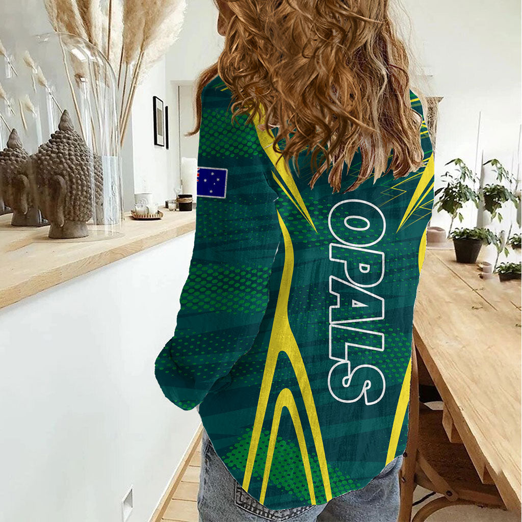Australian Opals Basketball Women Casual Shirt Iconic Green And Gold Silhouette With Sharp Abstract Graphics