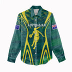 Australian Opals Basketball Women Casual Shirt Iconic Green And Gold Silhouette With Sharp Abstract Graphics