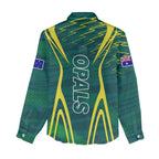 Australian Opals Basketball Women Casual Shirt Iconic Green And Gold Silhouette With Sharp Abstract Graphics