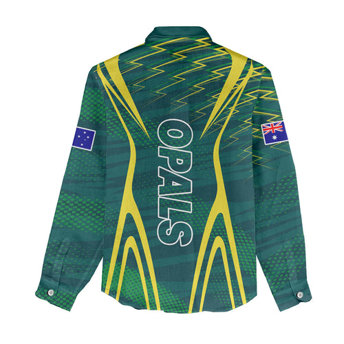 Australian Opals Basketball Women Casual Shirt Iconic Green And Gold Silhouette With Sharp Abstract Graphics