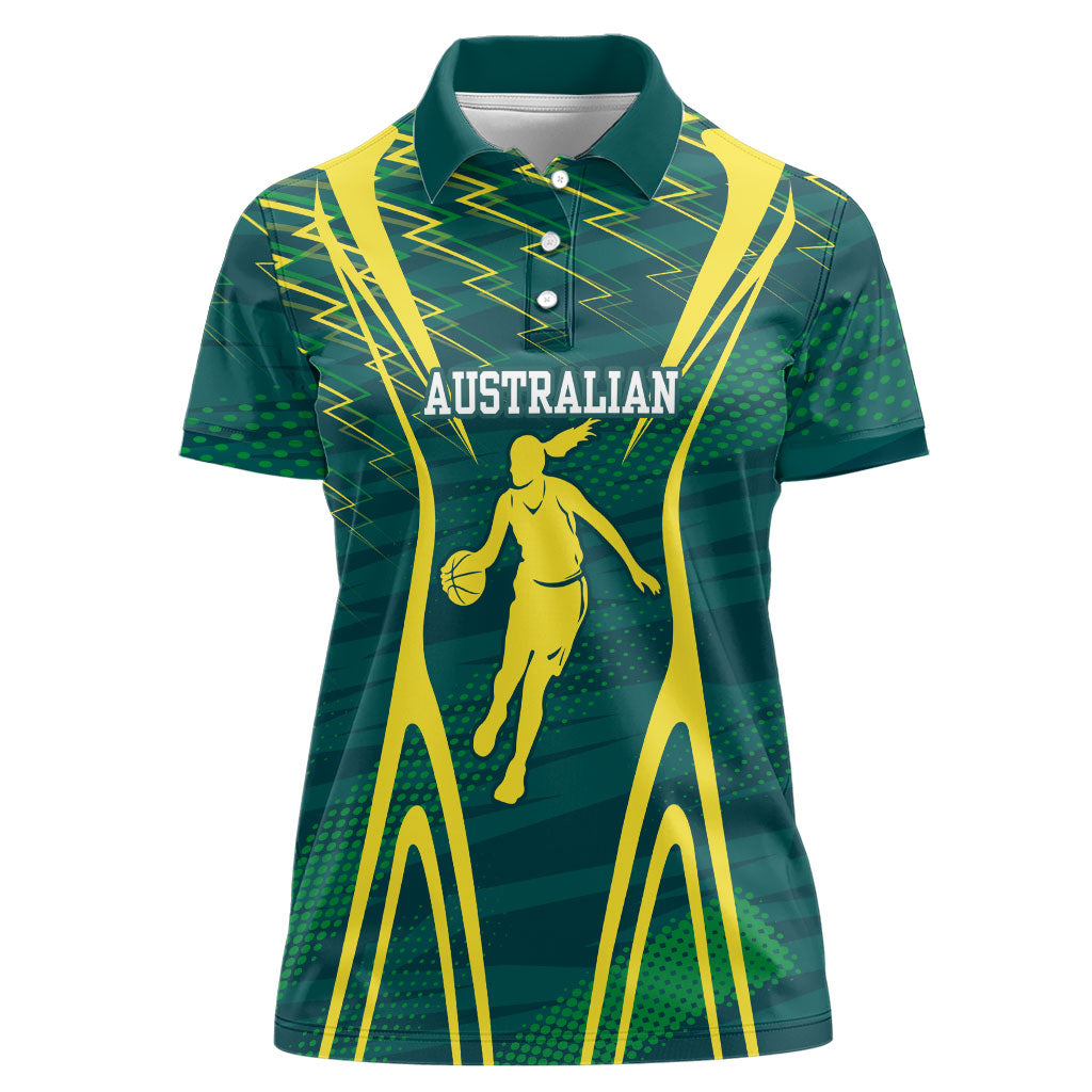Australian Opals Basketball Women Polo Shirt Iconic Green And Gold Silhouette With Sharp Abstract Graphics