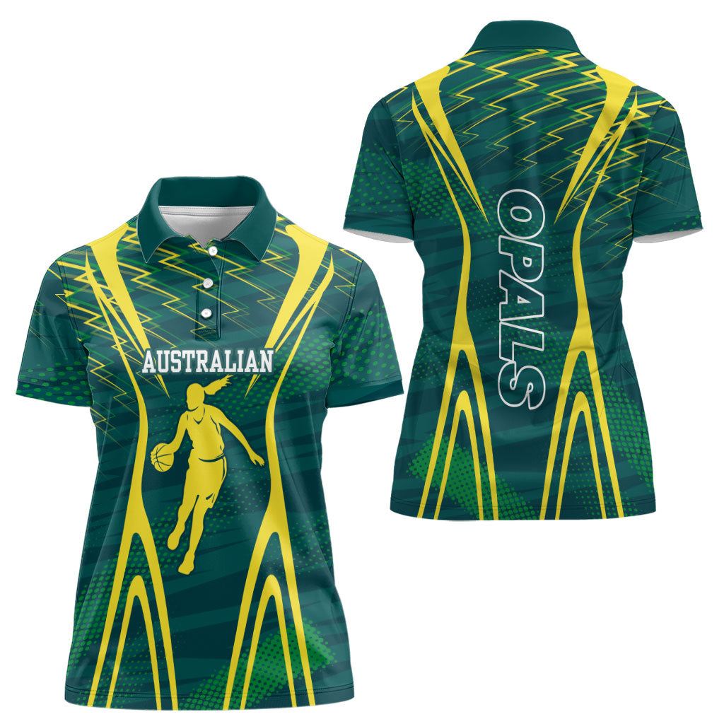 Australian Opals Basketball Women Polo Shirt Iconic Green And Gold Silhouette With Sharp Abstract Graphics