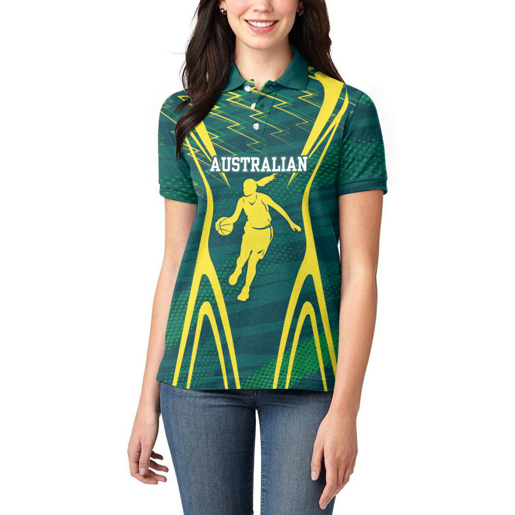 Australian Opals Basketball Women Polo Shirt Iconic Green And Gold Silhouette With Sharp Abstract Graphics