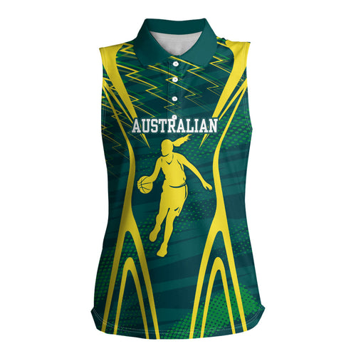 Australian Opals Basketball Women Sleeveless Polo Shirt Iconic Green And Gold Silhouette With Sharp Abstract Graphics
